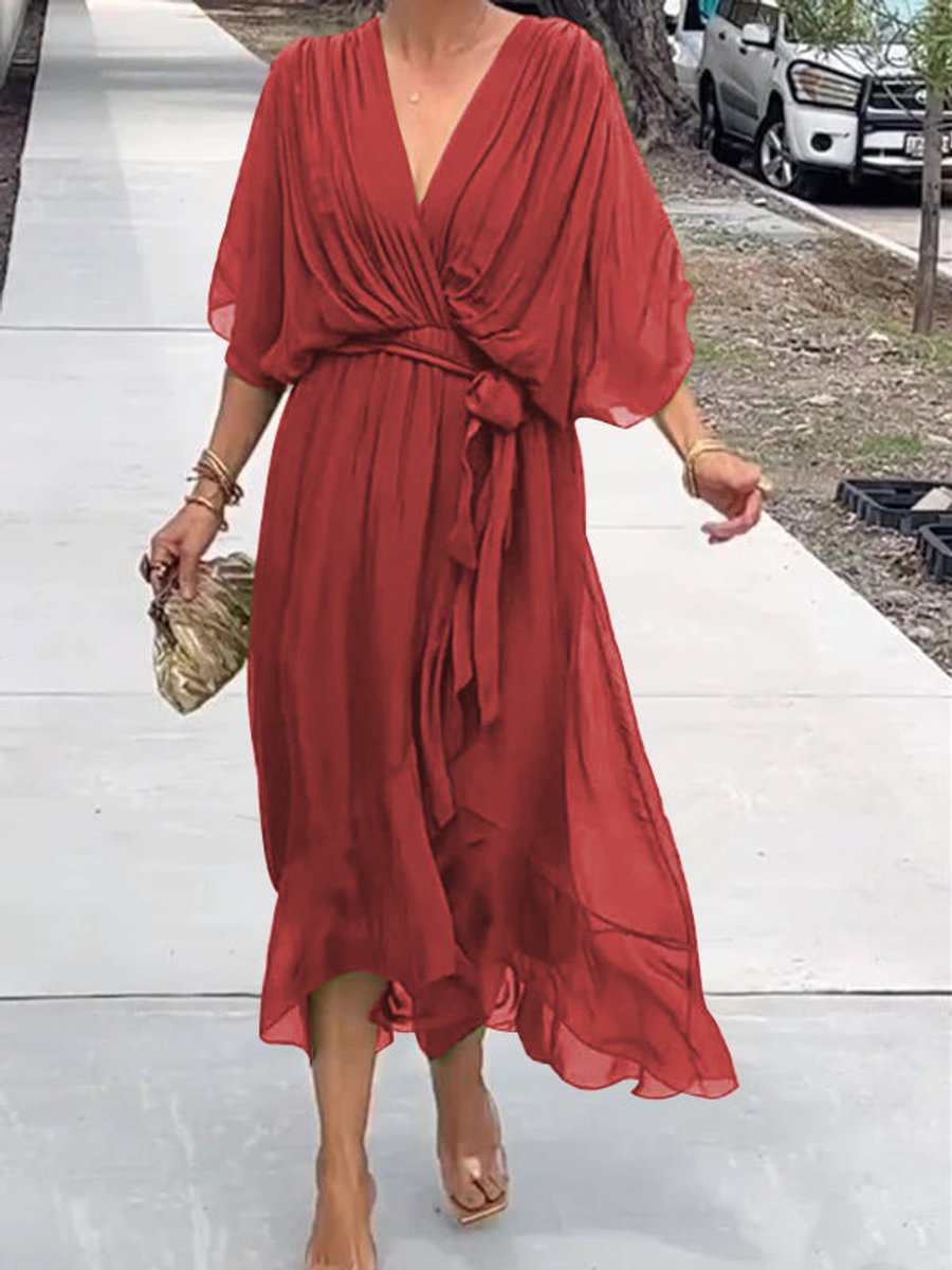 Sophie Chiffon V-Neck Belted Midi Cocktail Dress