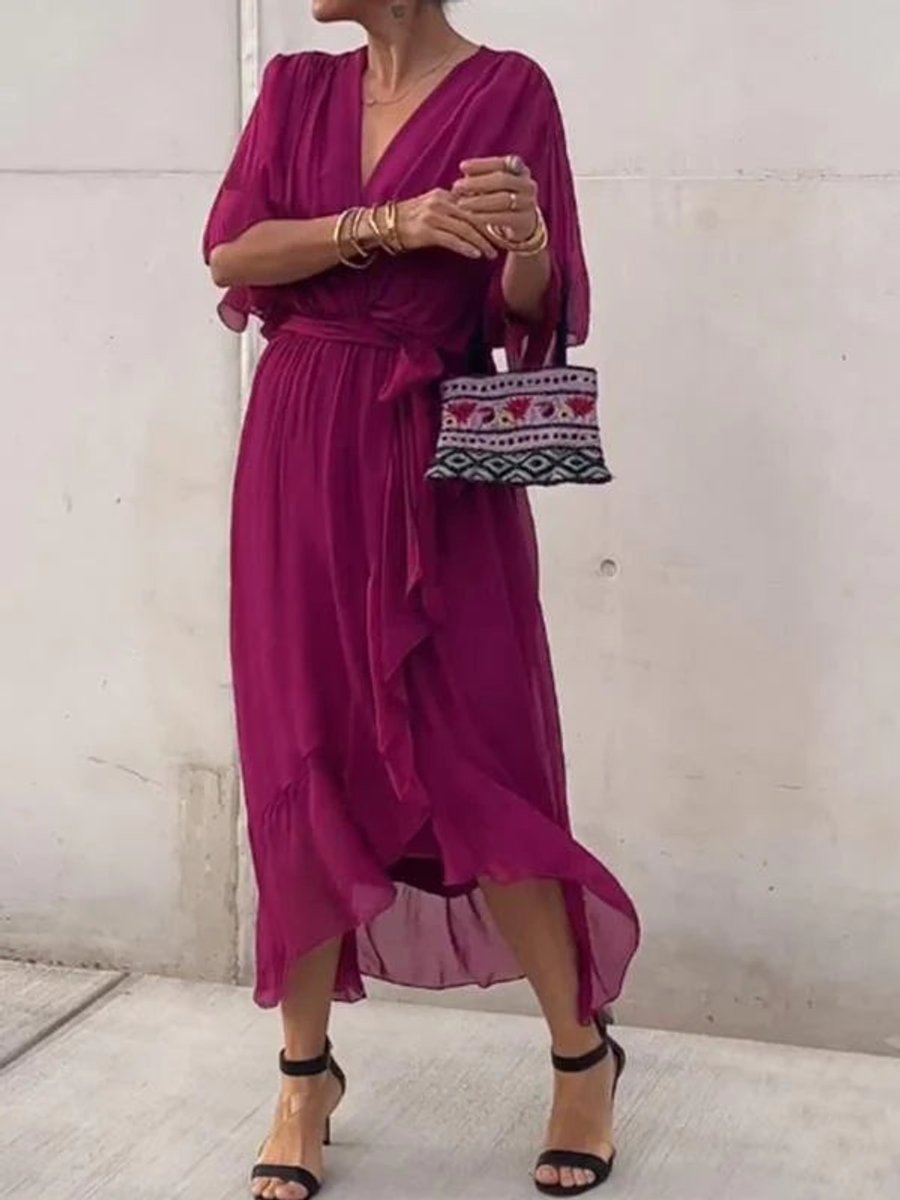 Sophie Chiffon V-Neck Belted Midi Cocktail Dress