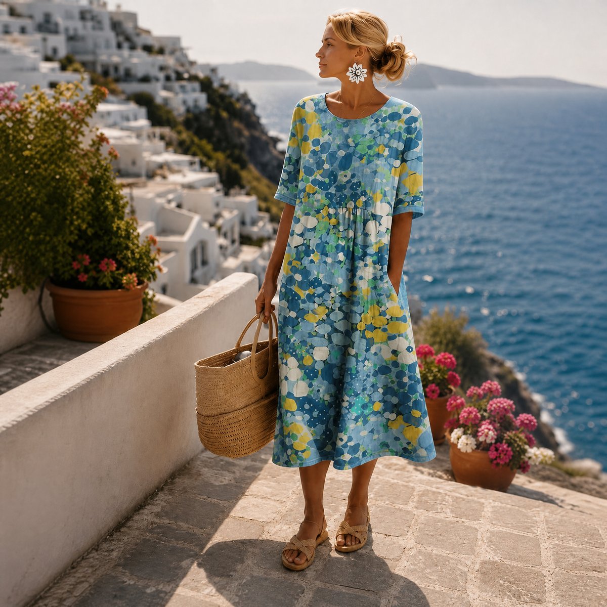 Elfriede Floral Print Short-Sleeve Midi Summer Dress