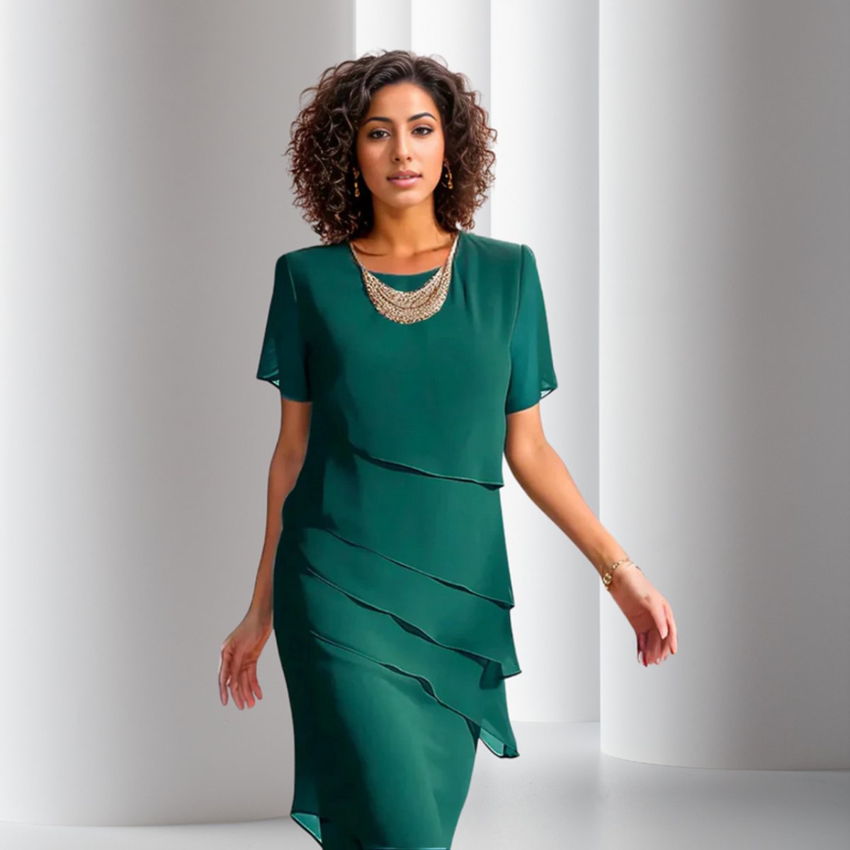 Emilia Layered Chiffon Short-Sleeve Cocktail Dress