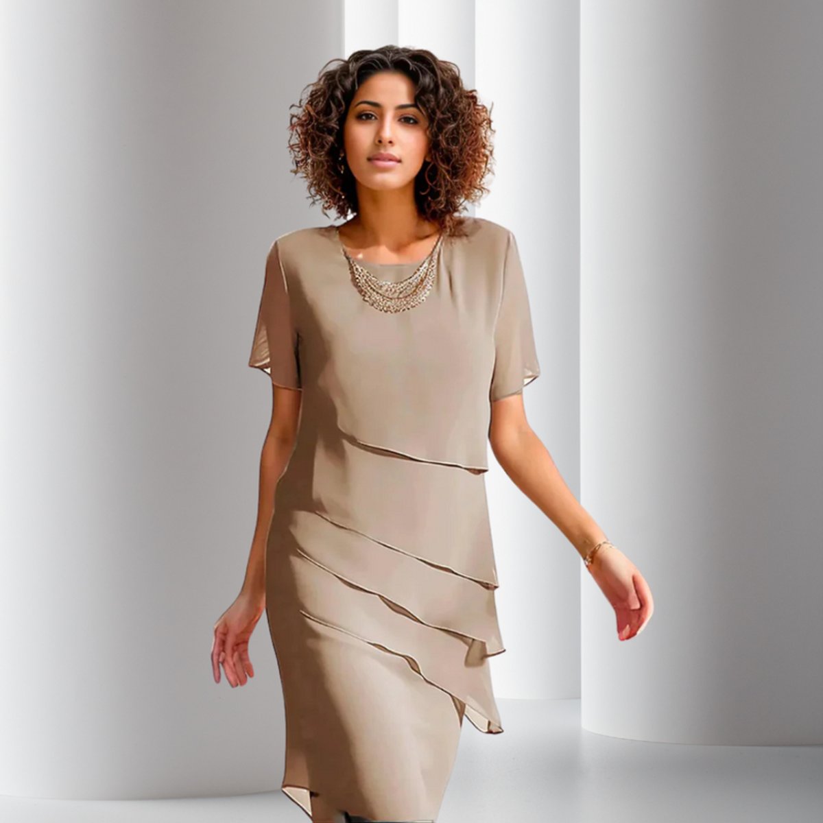 Emilia Layered Chiffon Short-Sleeve Cocktail Dress
