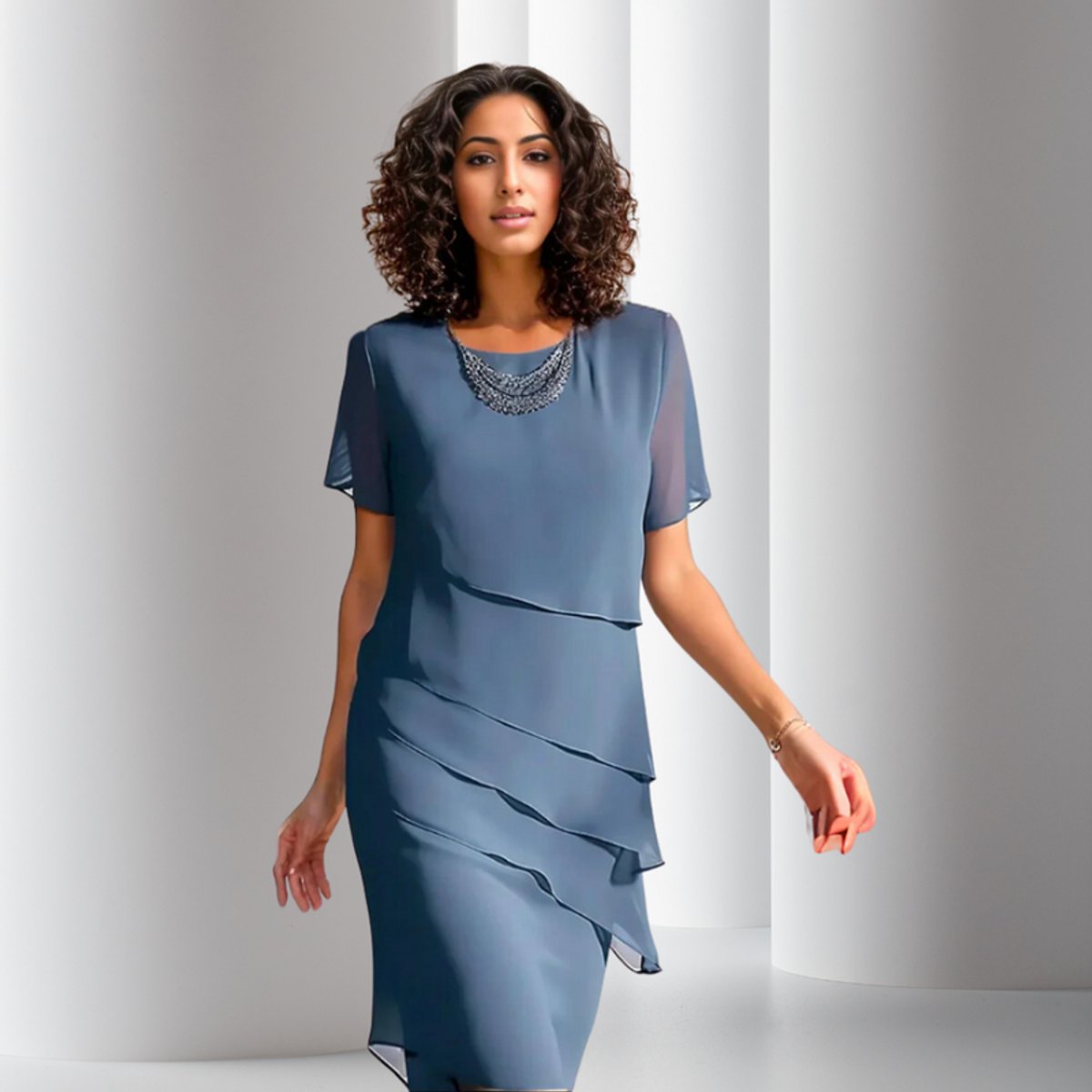 Emilia Layered Chiffon Short-Sleeve Cocktail Dress