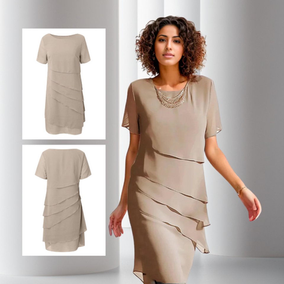 Emilia Layered Chiffon Short-Sleeve Cocktail Dress