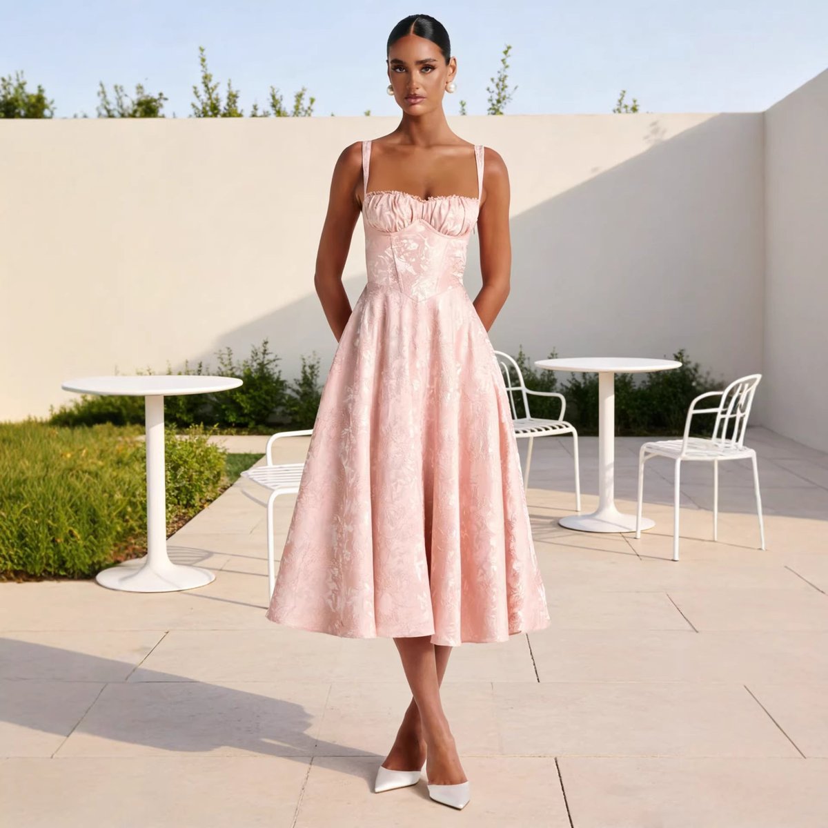 Johanna Ruffle Bodice Cocktail Dress with Jacquard Skirt