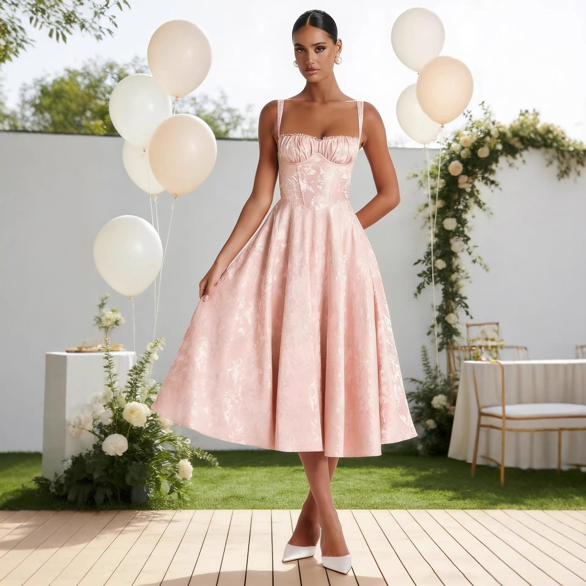 Johanna Ruffle Bodice Cocktail Dress with Jacquard Skirt