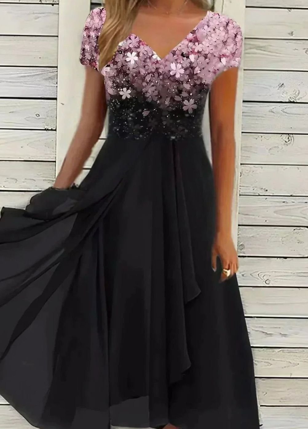Lena Floral V-Neck Chiffon Swing Dress