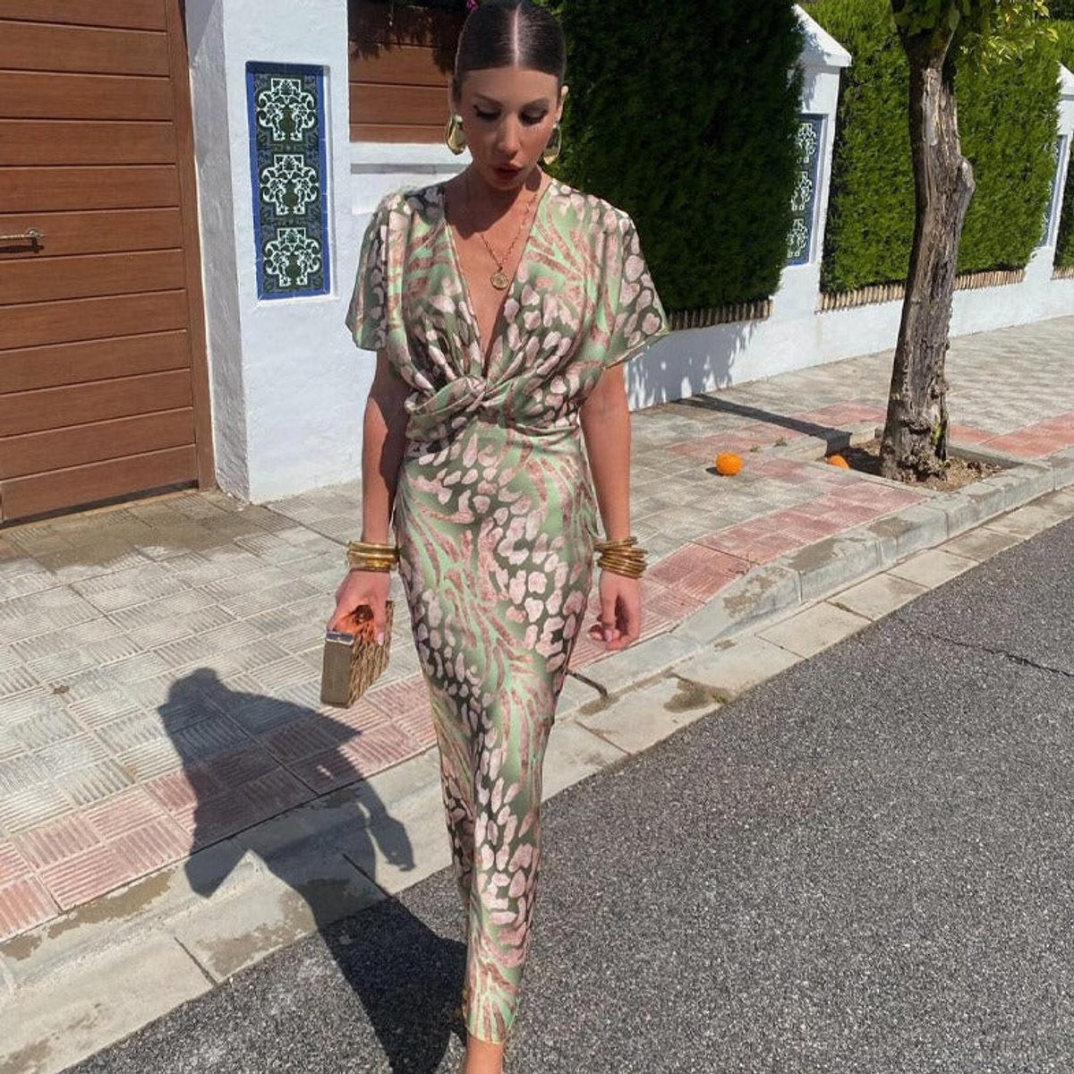 Marie Fitted Silk Midi Dress with Deep V-Neck