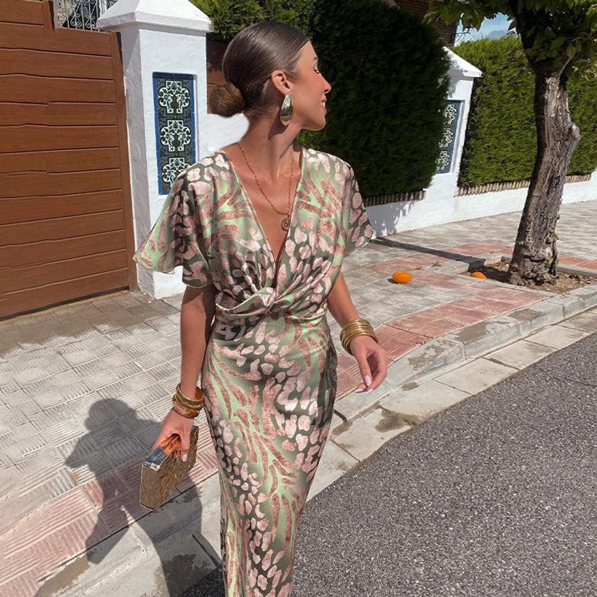 Marie Fitted Silk Midi Dress with Deep V-Neck