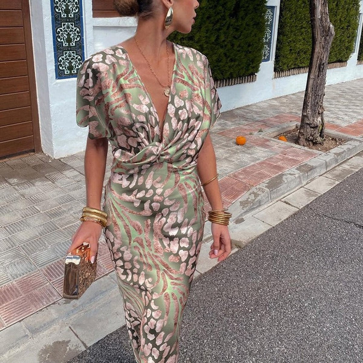 Marie Fitted Silk Midi Dress with Deep V-Neck
