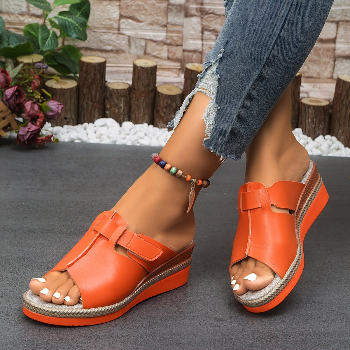 Clara Open-Toe Wedge Sandals with Hook-and-Loop Strap