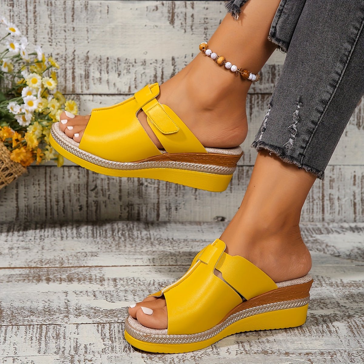 Clara Open-Toe Wedge Sandals with Hook-and-Loop Strap