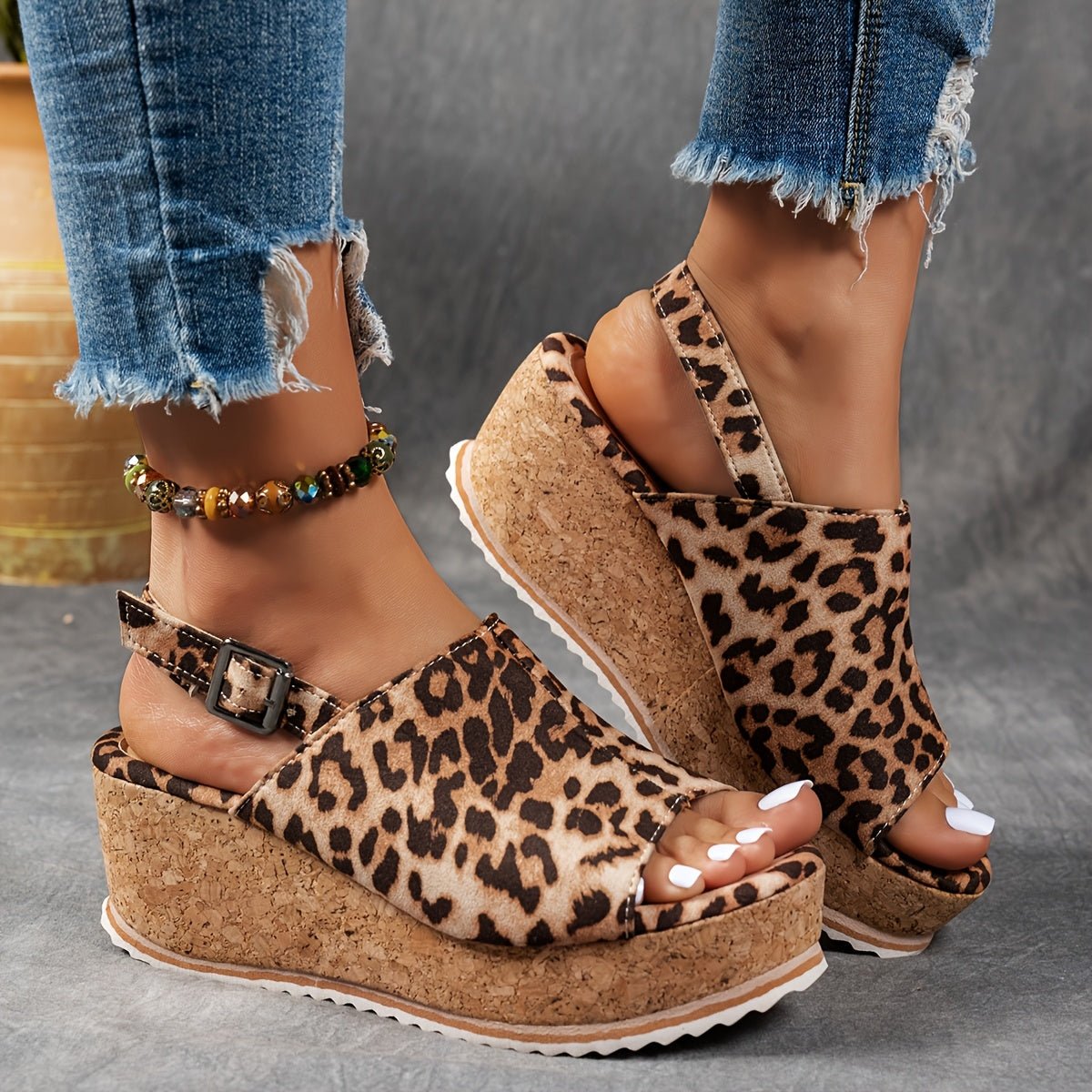 Emilia Leopard Wedge Buckle Sandals