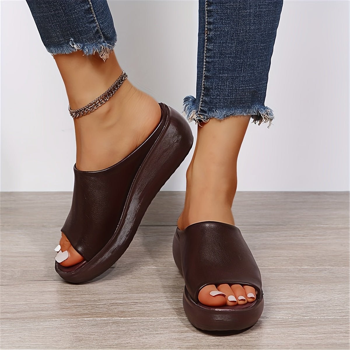 Charlotte Lightweight Wedge Peep-Toe Slip-On Mules