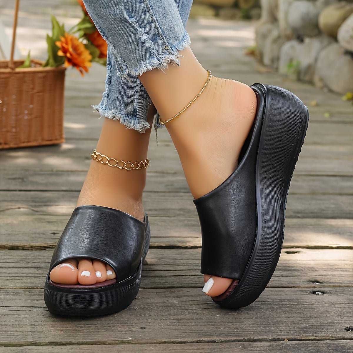Charlotte Lightweight Wedge Peep-Toe Slip-On Mules