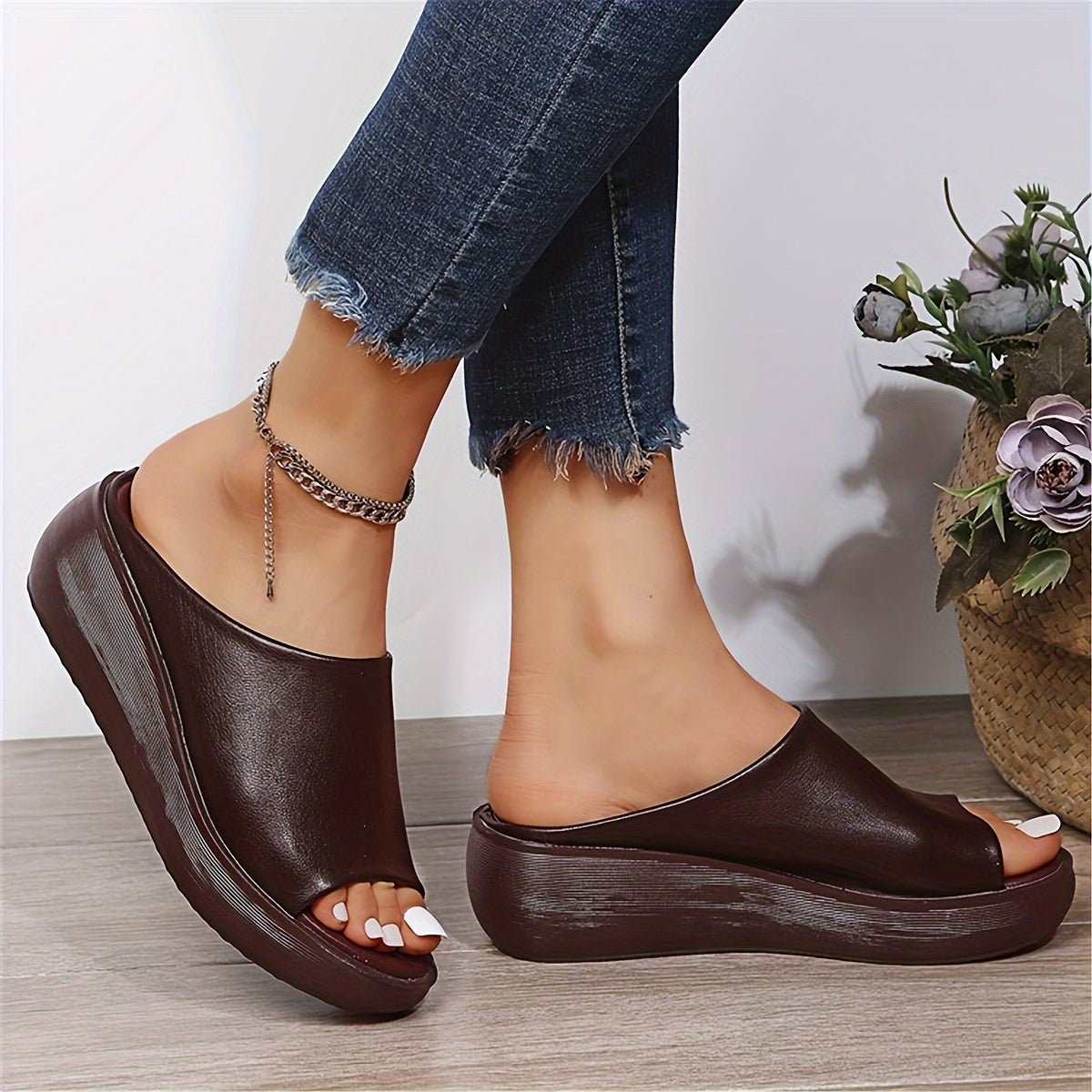 Charlotte Lightweight Wedge Peep-Toe Slip-On Mules