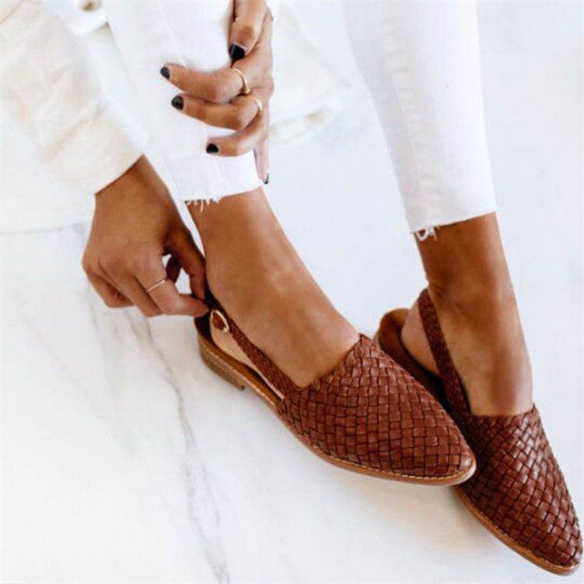 Charlotte Woven Leather Pointed-Toe Slingback Flats