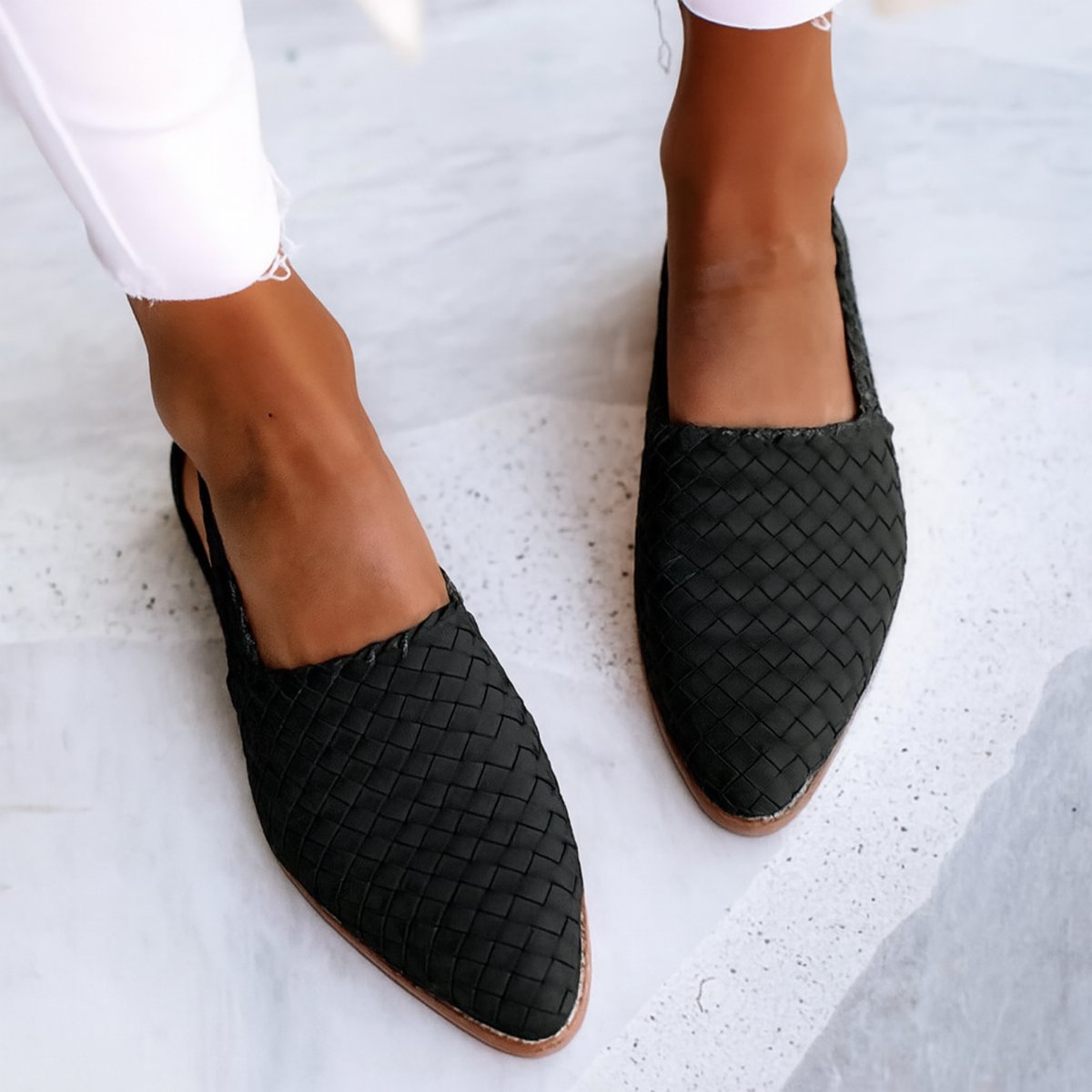Charlotte Woven Leather Pointed-Toe Slingback Flats