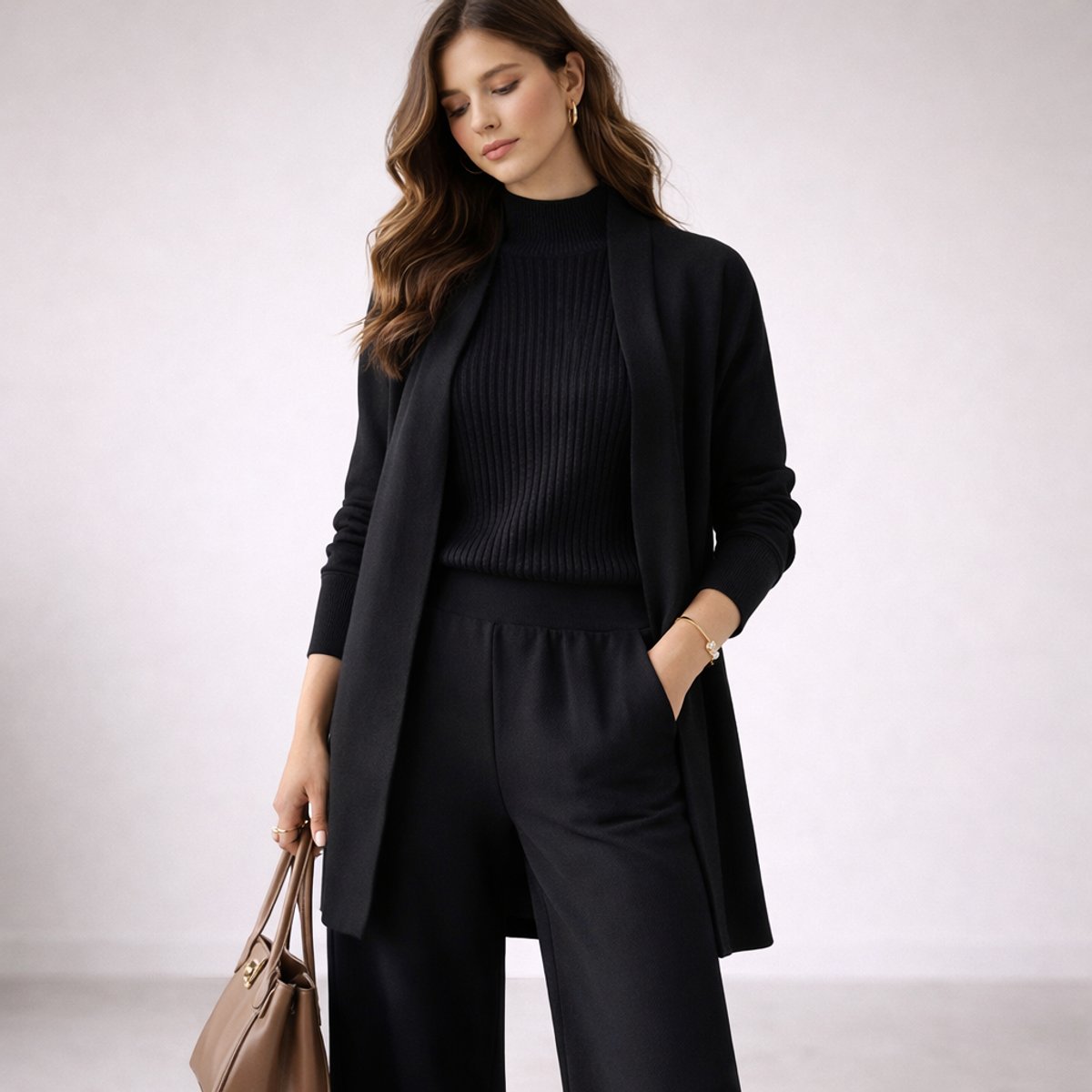 Emilia Three-Piece Knit Loungewear Set with Long Cardigan