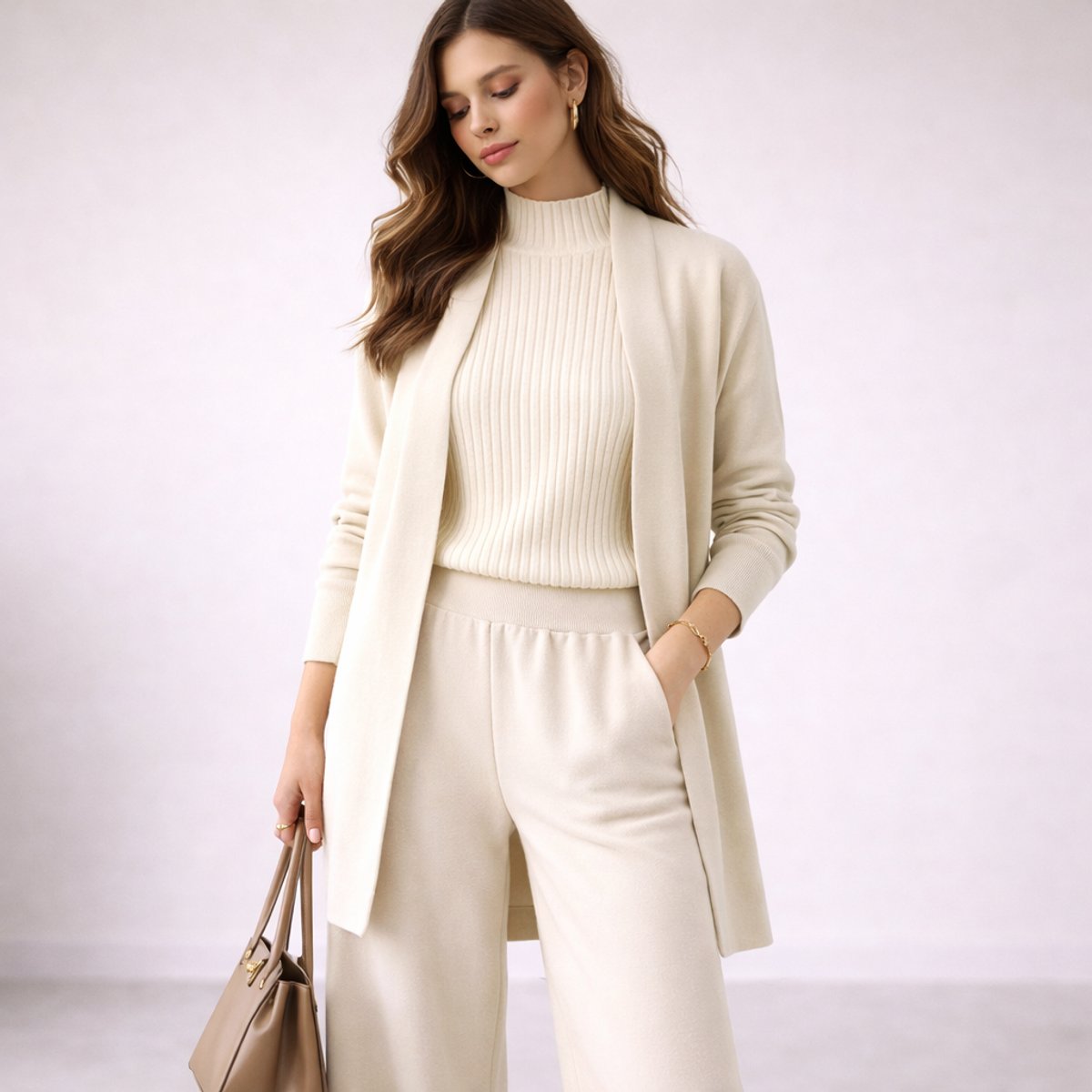 Emilia Three-Piece Knit Loungewear Set with Long Cardigan
