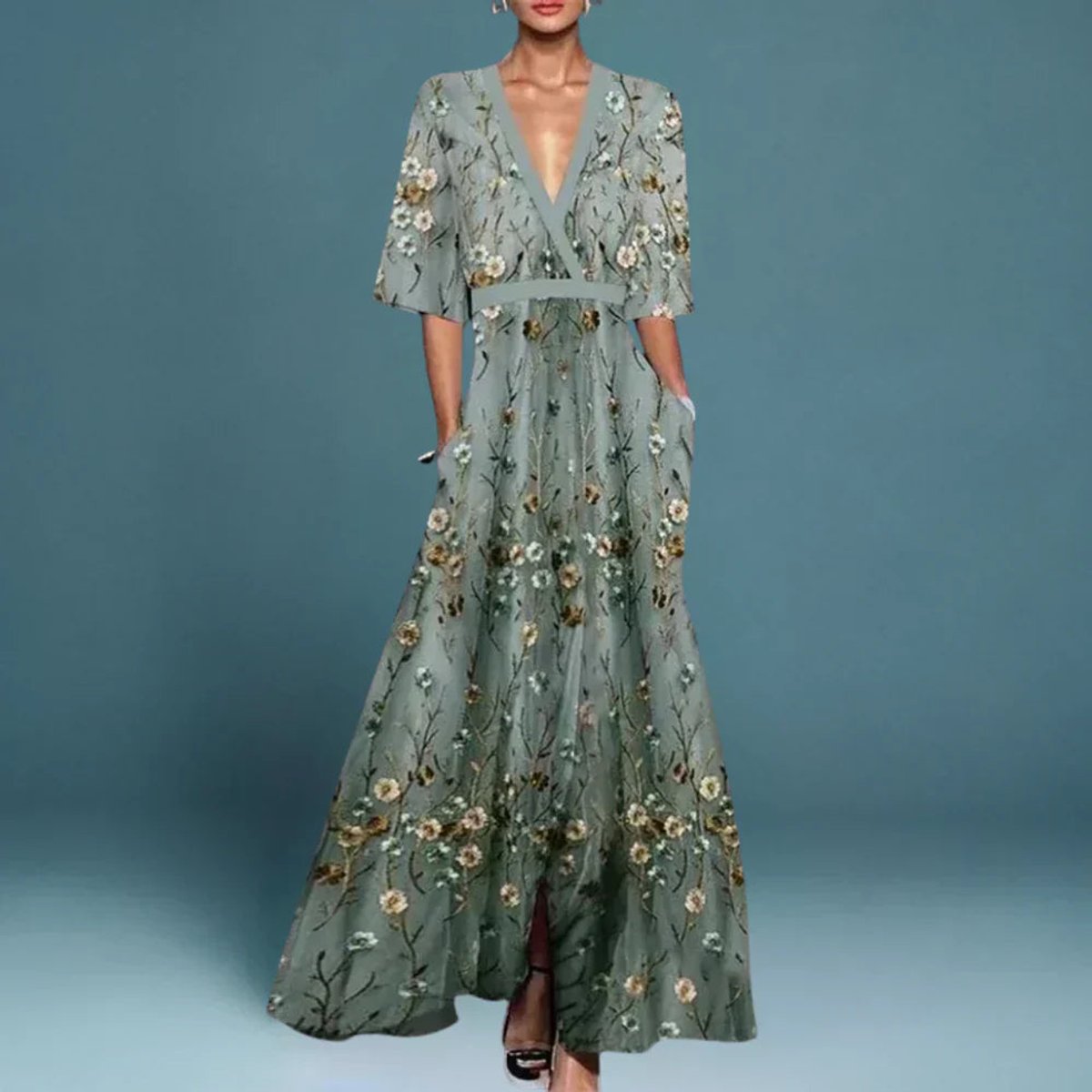 Emilia Floral V-Neck Maxi Evening Dress