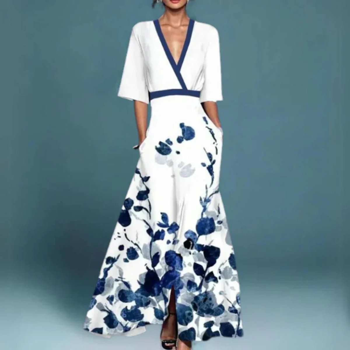 Emilia Floral V-Neck Maxi Evening Dress