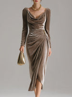 Luisa Long-Sleeve Velvet Cowlneck Midi Dress