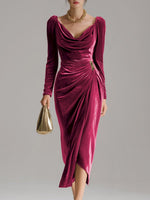 Luisa Long-Sleeve Velvet Cowlneck Midi Dress