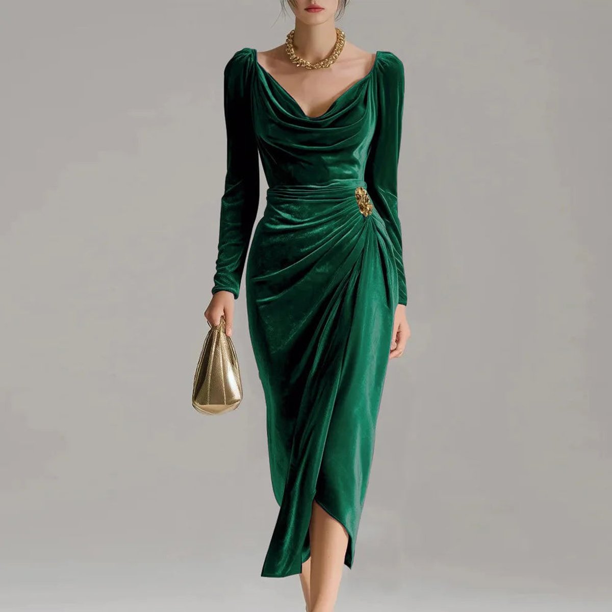 Luisa Long-Sleeve Velvet Cowlneck Midi Dress