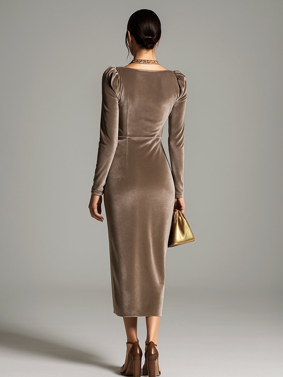 Luisa Long-Sleeve Velvet Cowlneck Midi Dress