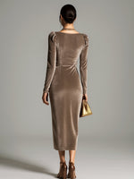 Luisa Long-Sleeve Velvet Cowlneck Midi Dress