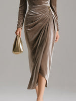 Luisa Long-Sleeve Velvet Cowlneck Midi Dress