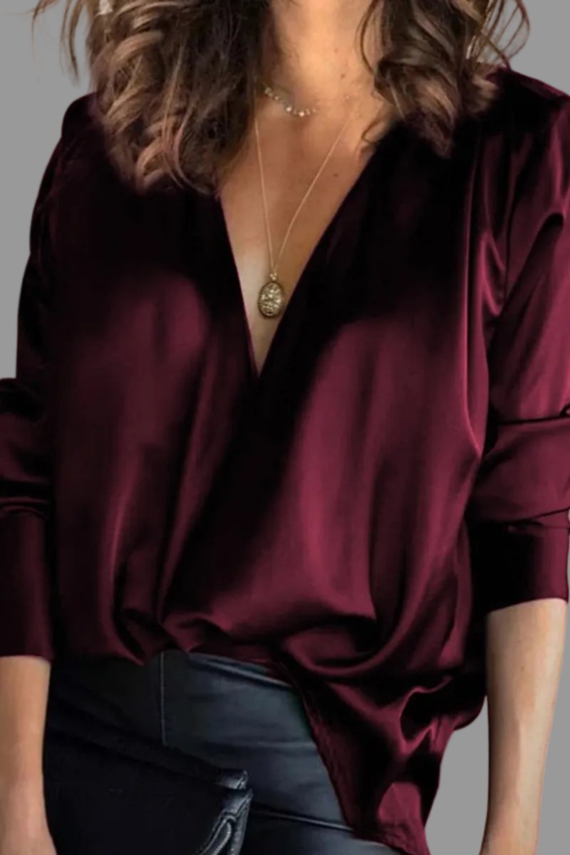 Amelie Satin Blouse with Deep V-Neck