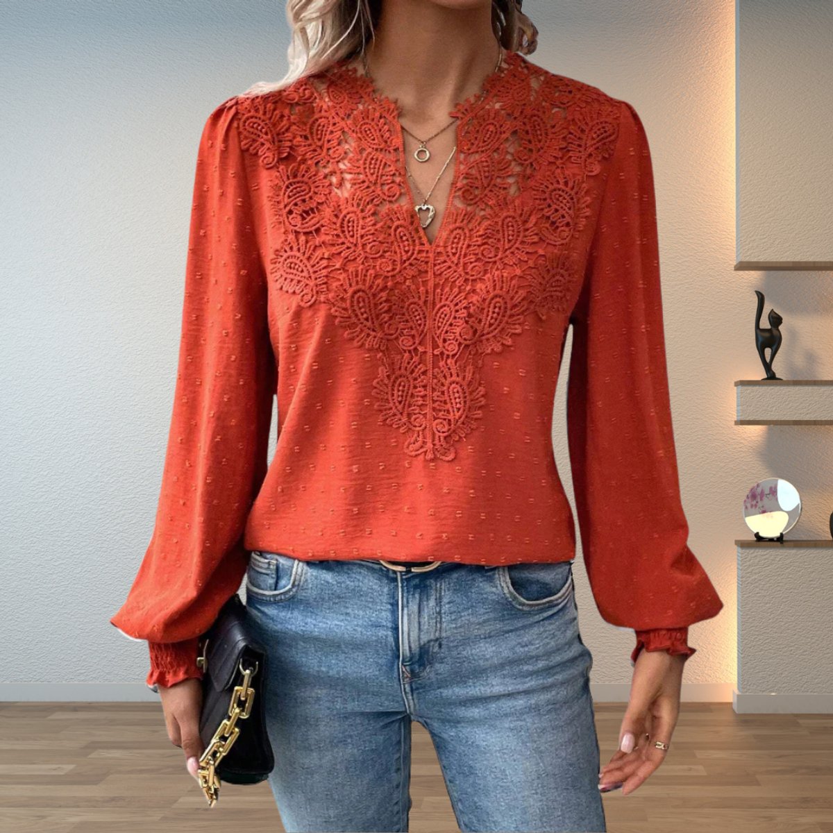 Clara Lace-Trim V-Neck Blouse