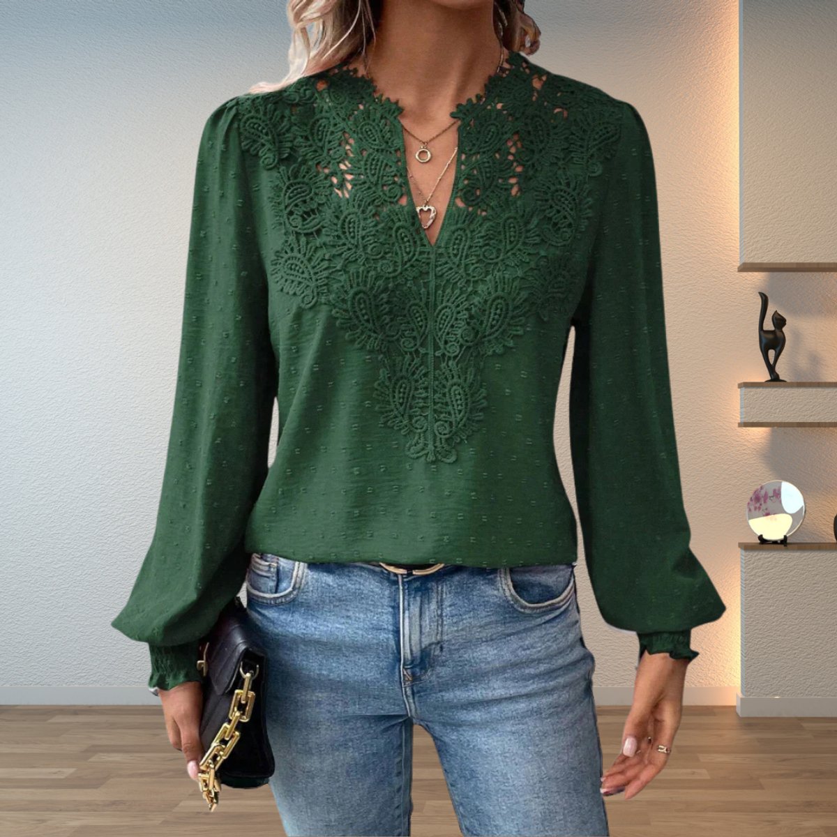 Clara Lace-Trim V-Neck Blouse