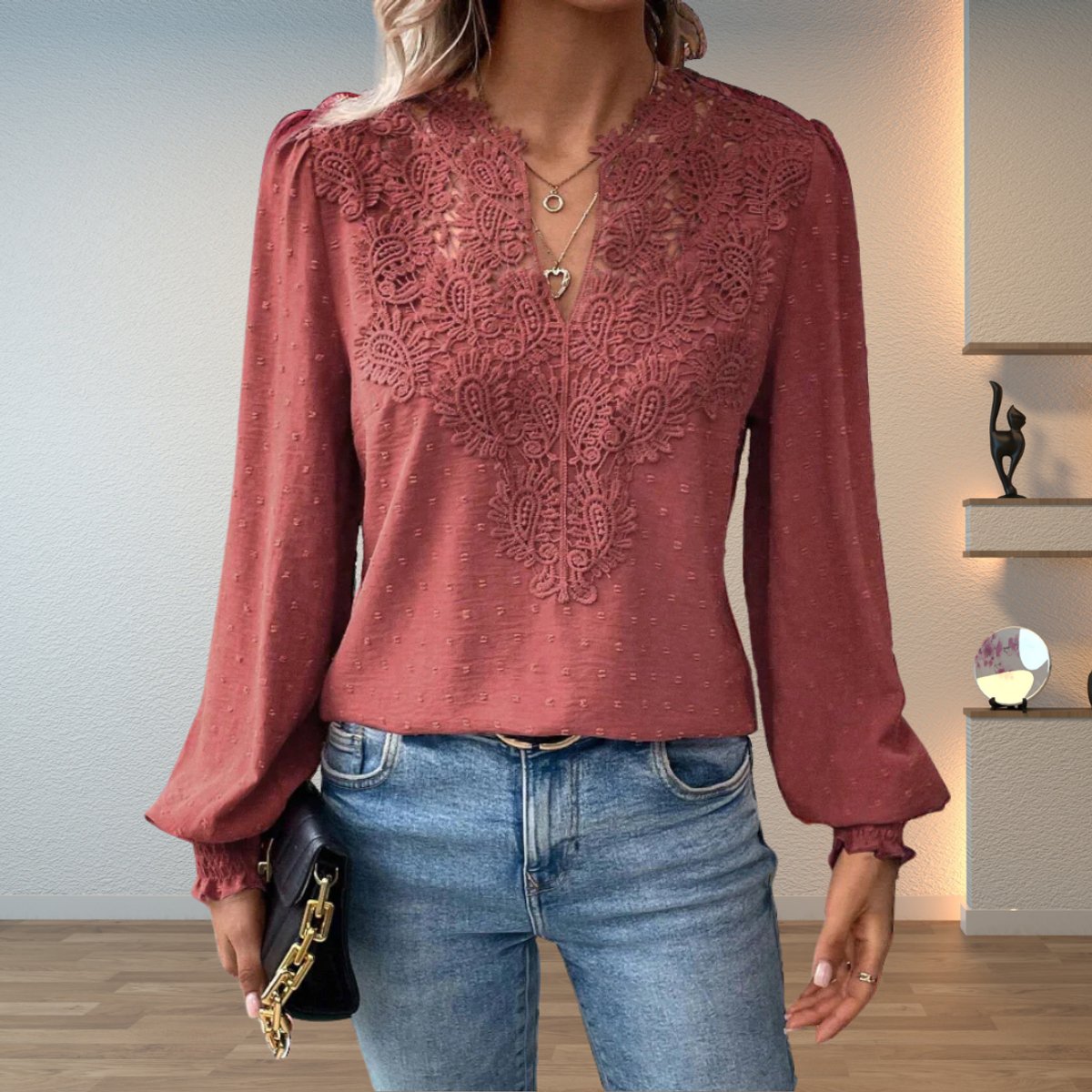 Clara Lace-Trim V-Neck Blouse
