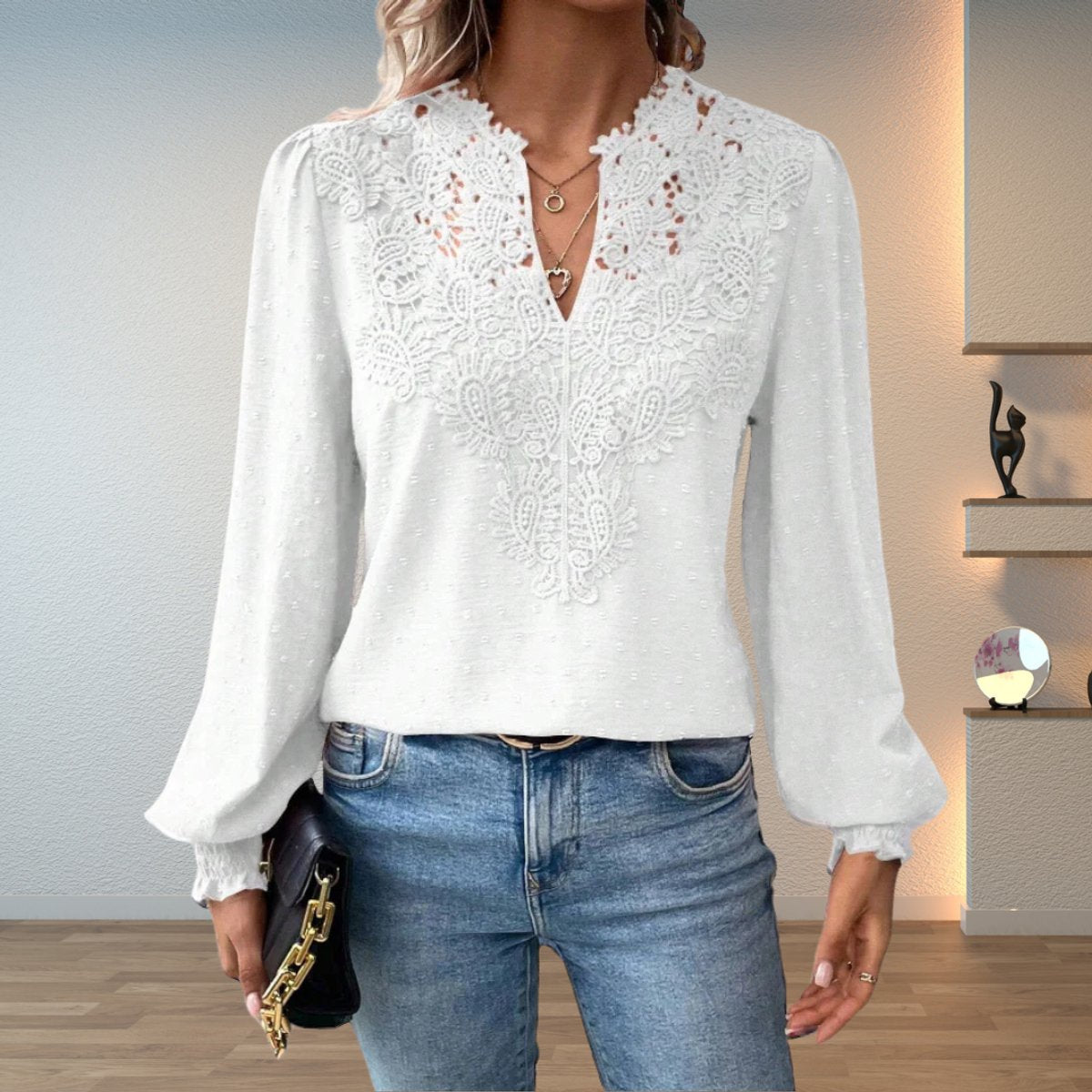 Clara Lace-Trim V-Neck Blouse