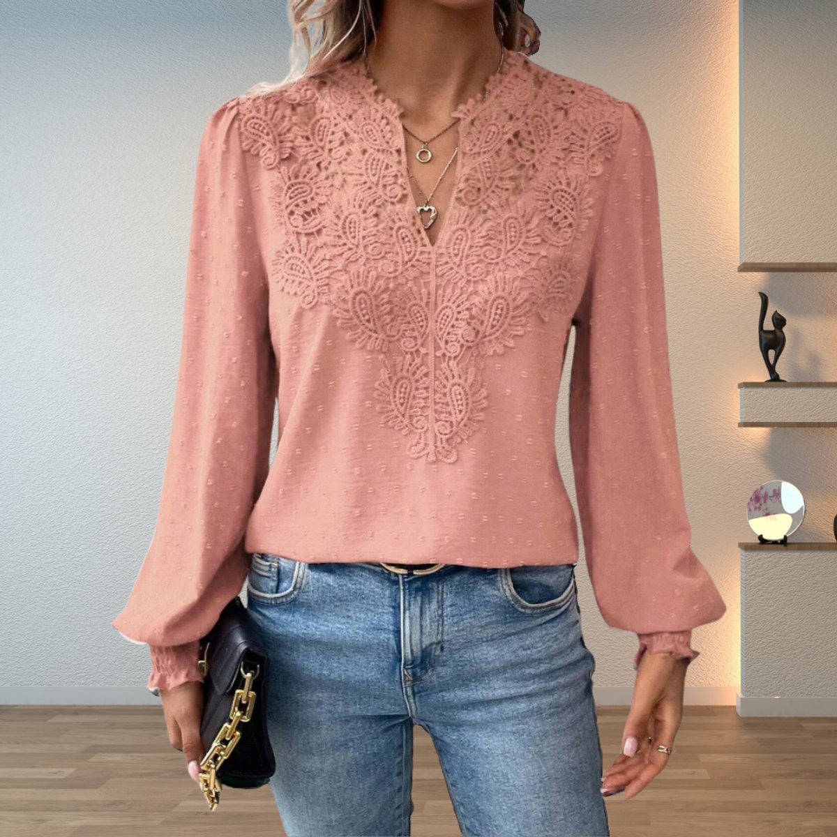 Clara Lace-Trim V-Neck Blouse