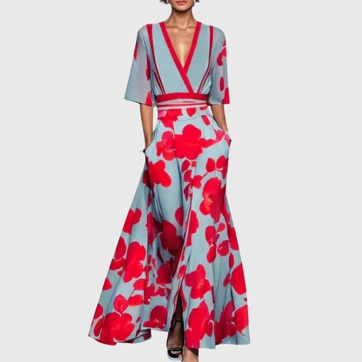 Elisabeth Floral Wrap Maxi Dress with 3/4 Sleeves
