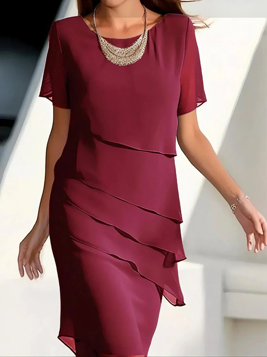 Amelie Tiered Chiffon Cocktail Dress with Round Neckline