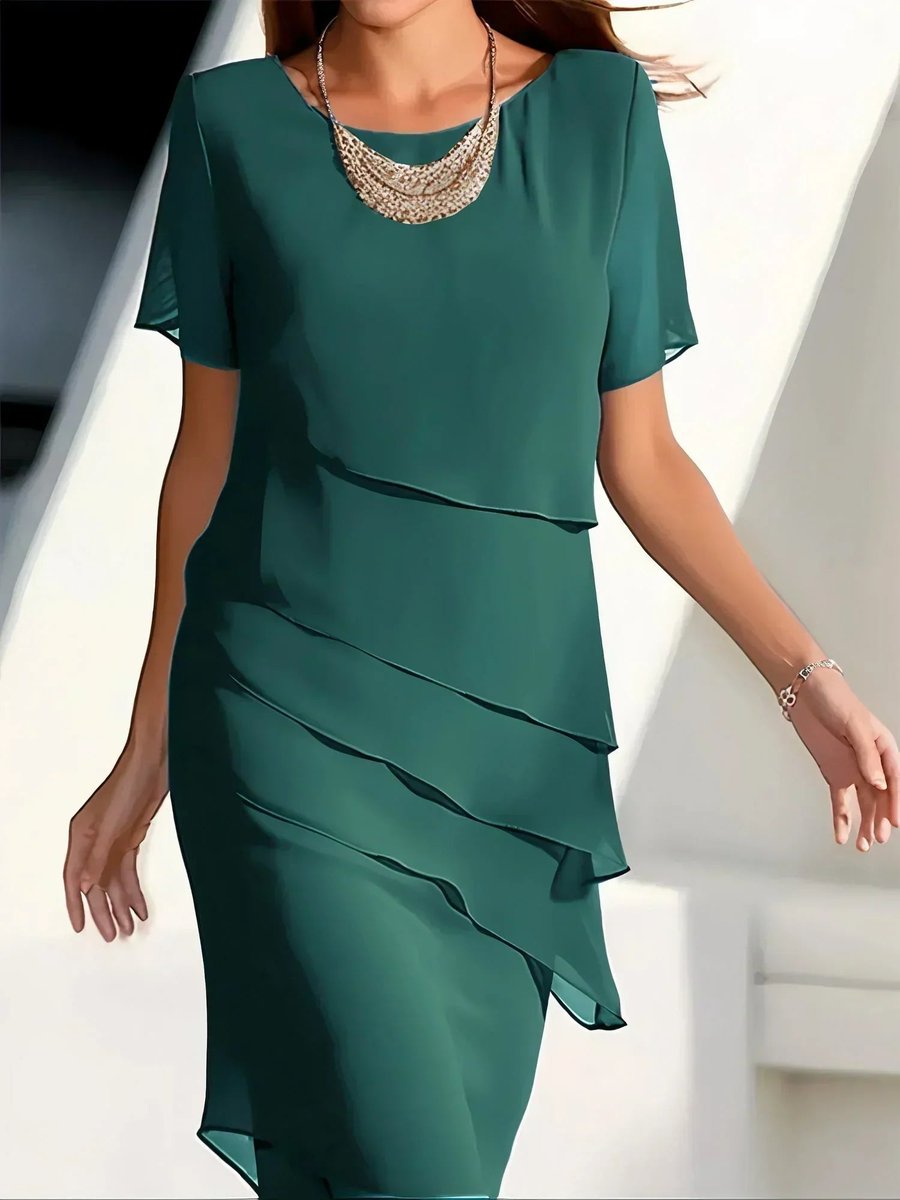Amelie Tiered Chiffon Cocktail Dress with Round Neckline