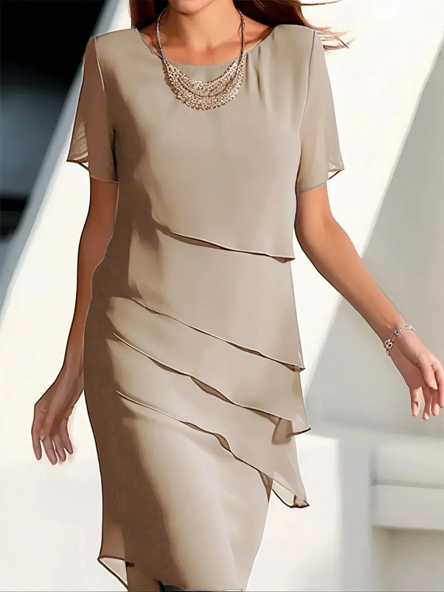 Amelie Tiered Chiffon Cocktail Dress with Round Neckline