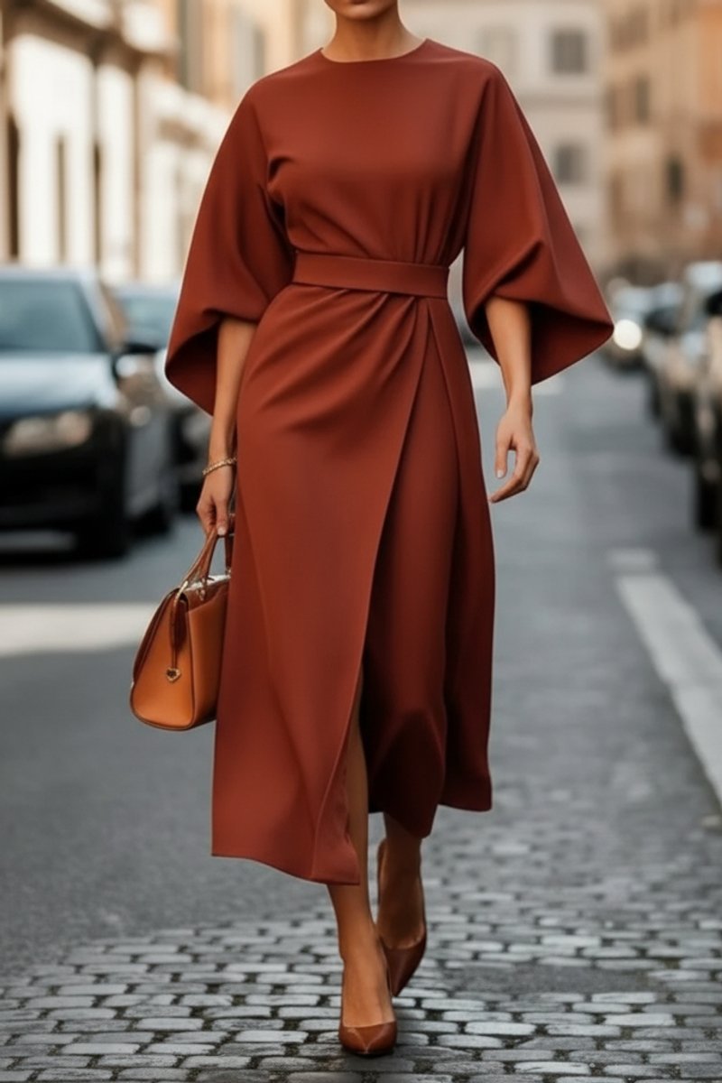 Hannah Lantern Sleeve Belted Midi Dress