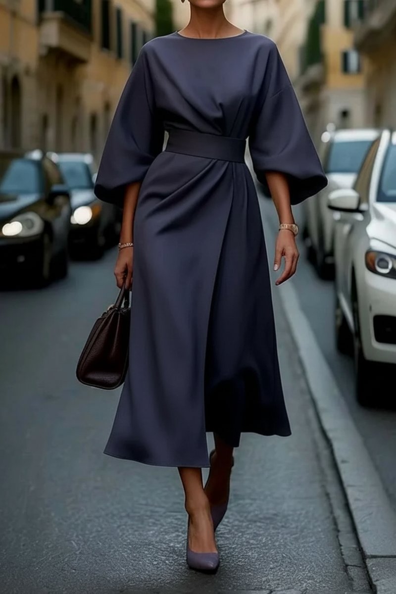 Hannah Lantern Sleeve Belted Midi Dress