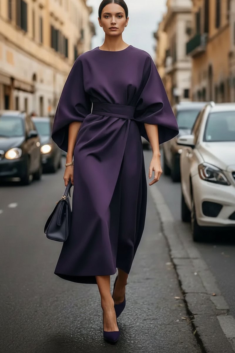 Hannah Lantern Sleeve Belted Midi Dress