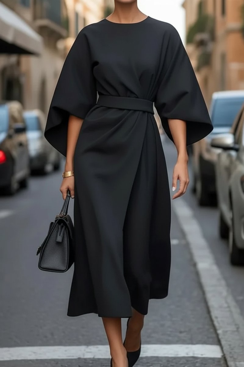 Hannah Lantern Sleeve Belted Midi Dress