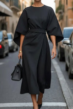 Hannah Lantern Sleeve Belted Midi Dress