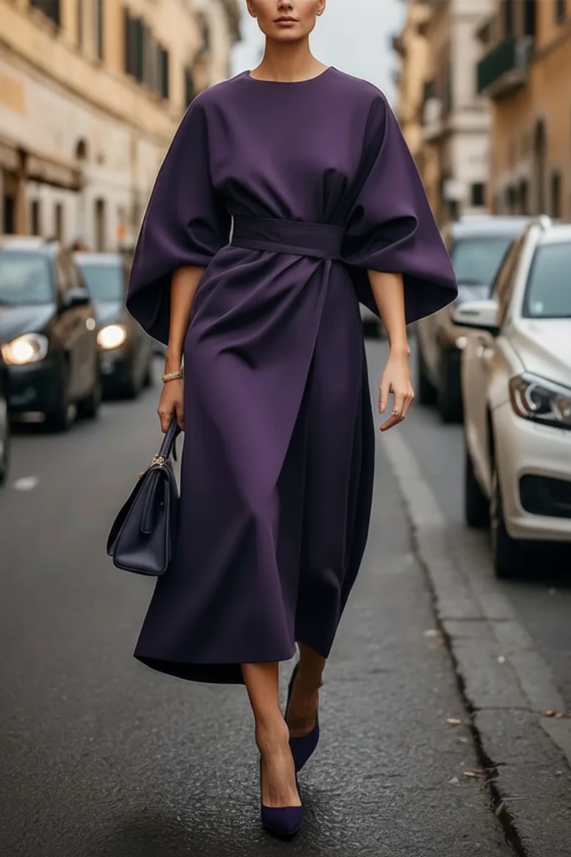 Hannah Lantern Sleeve Belted Midi Dress