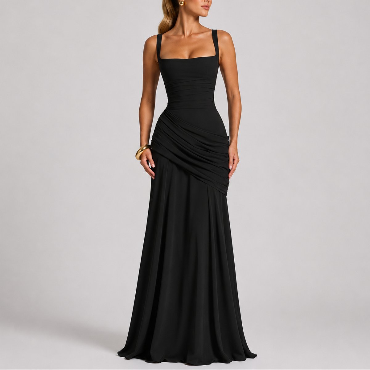 Johanna Ruched Maxi Evening Dress with Square Neckline