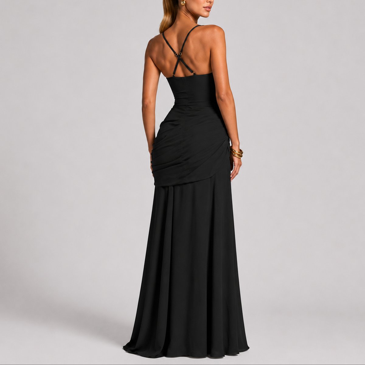 Johanna Ruched Maxi Evening Dress with Square Neckline