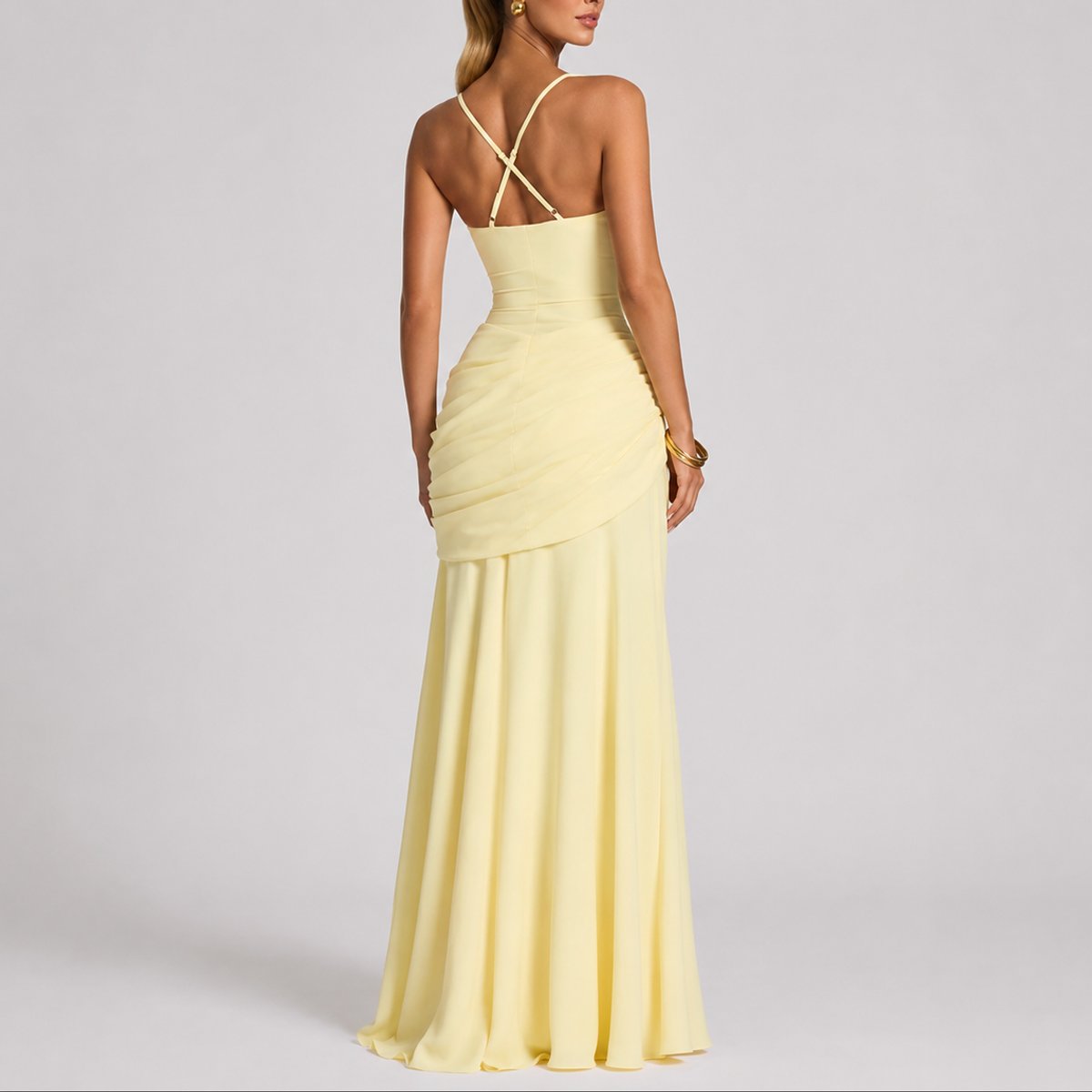 Johanna Ruched Maxi Evening Dress with Square Neckline